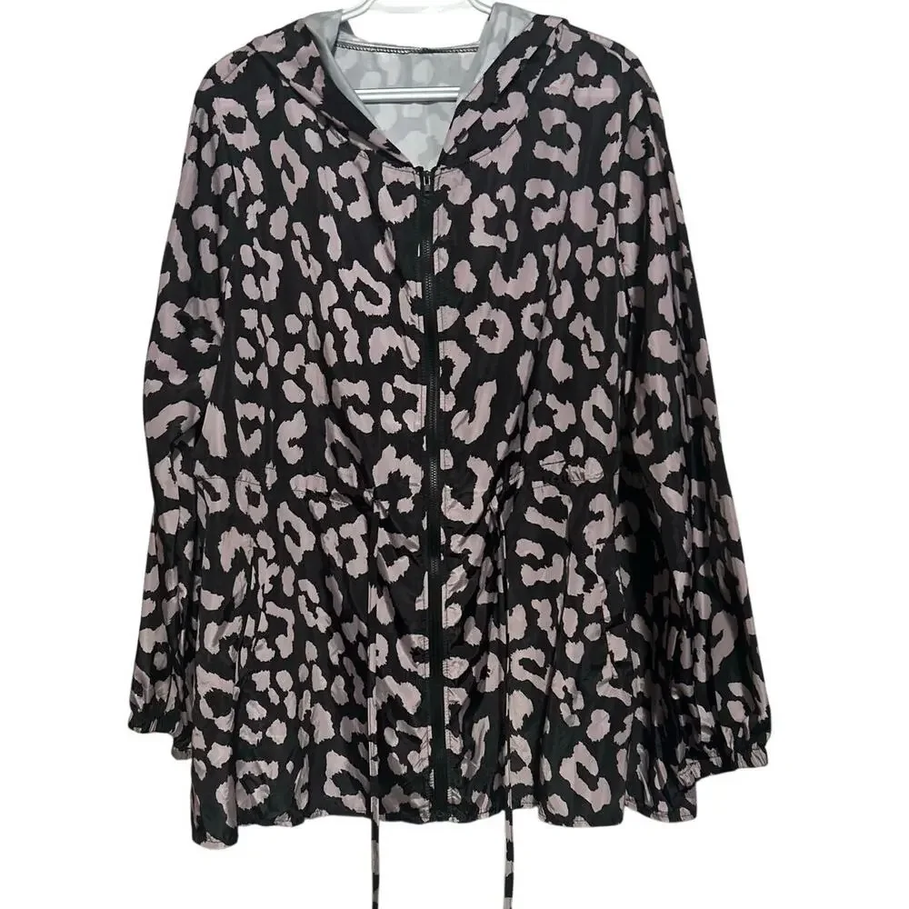 Emery Rose Black Pink Animal Print‎ Lightweight Hooded Windbreaker Size 4XL